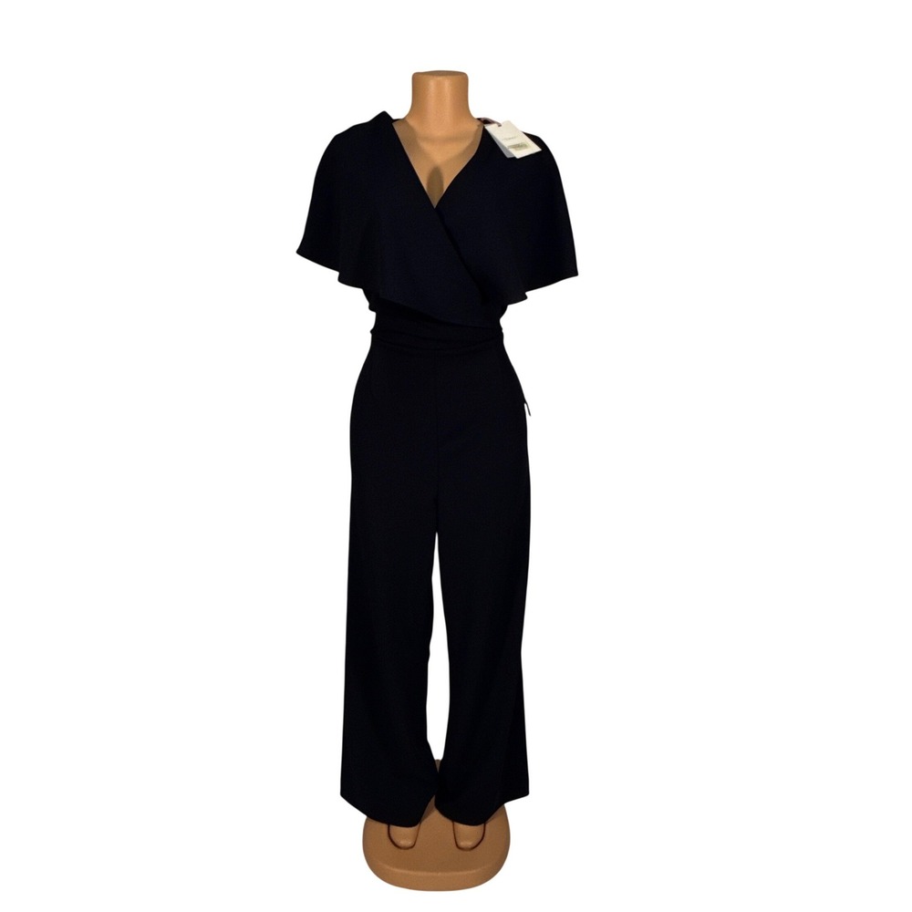 Alex Marie Beth Crepe Jumpsuit Womens 12 Navy New Capelet Wide Leg 99ALM464C